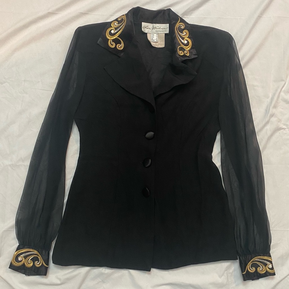 Vintage 80s Black Blazer Jacket with Sheer Mesh Sleeves and Gold Accents, Size M